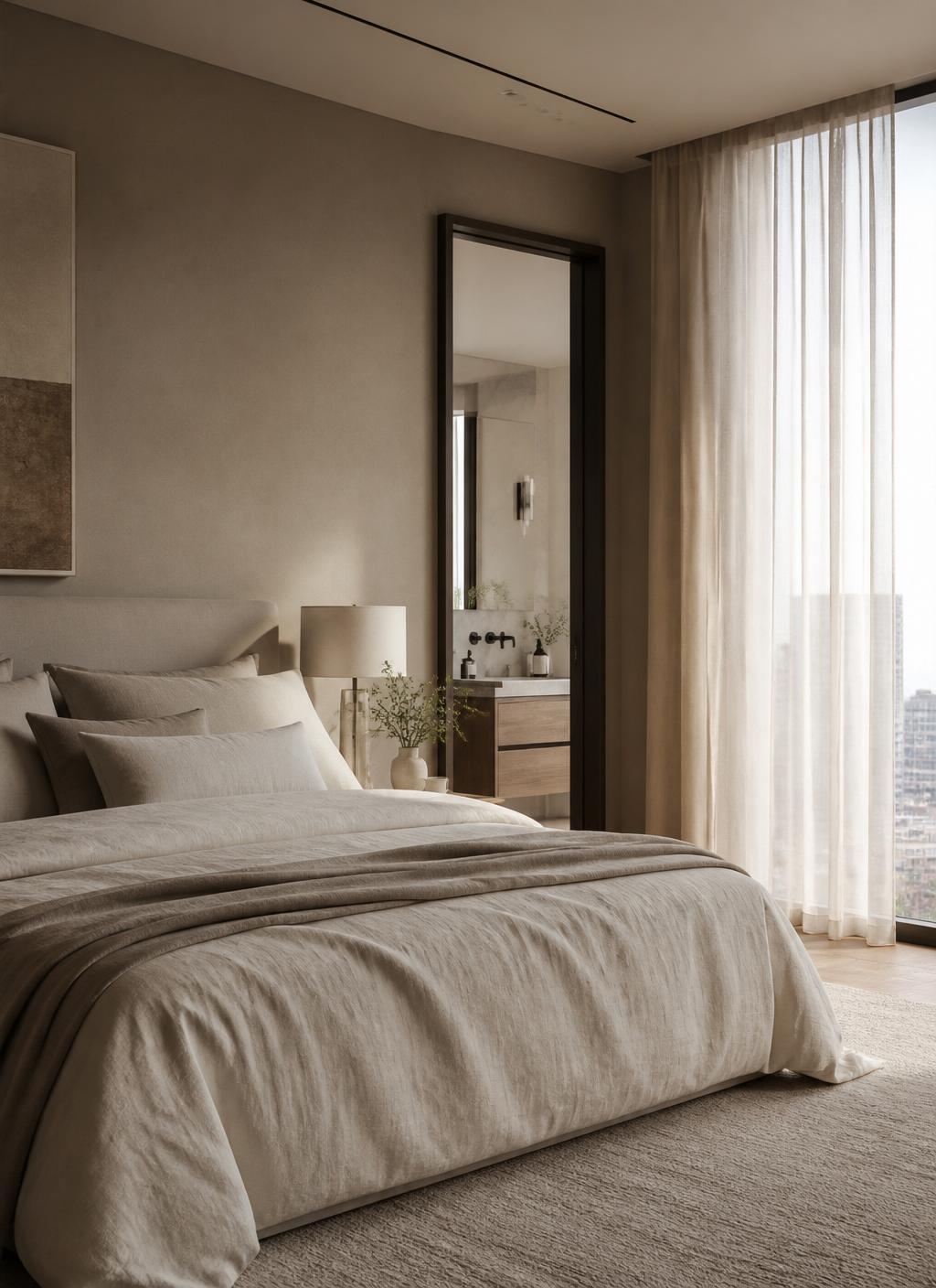 Apartment master bedroom in bone and taupe tones