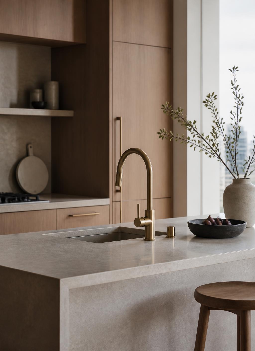 Apartment kitchen with stone island and brass tapware