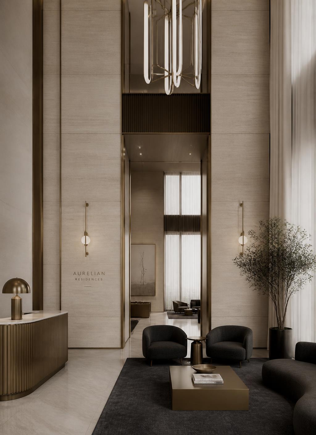 Double-height residential lobby with warm stone and brass detailing