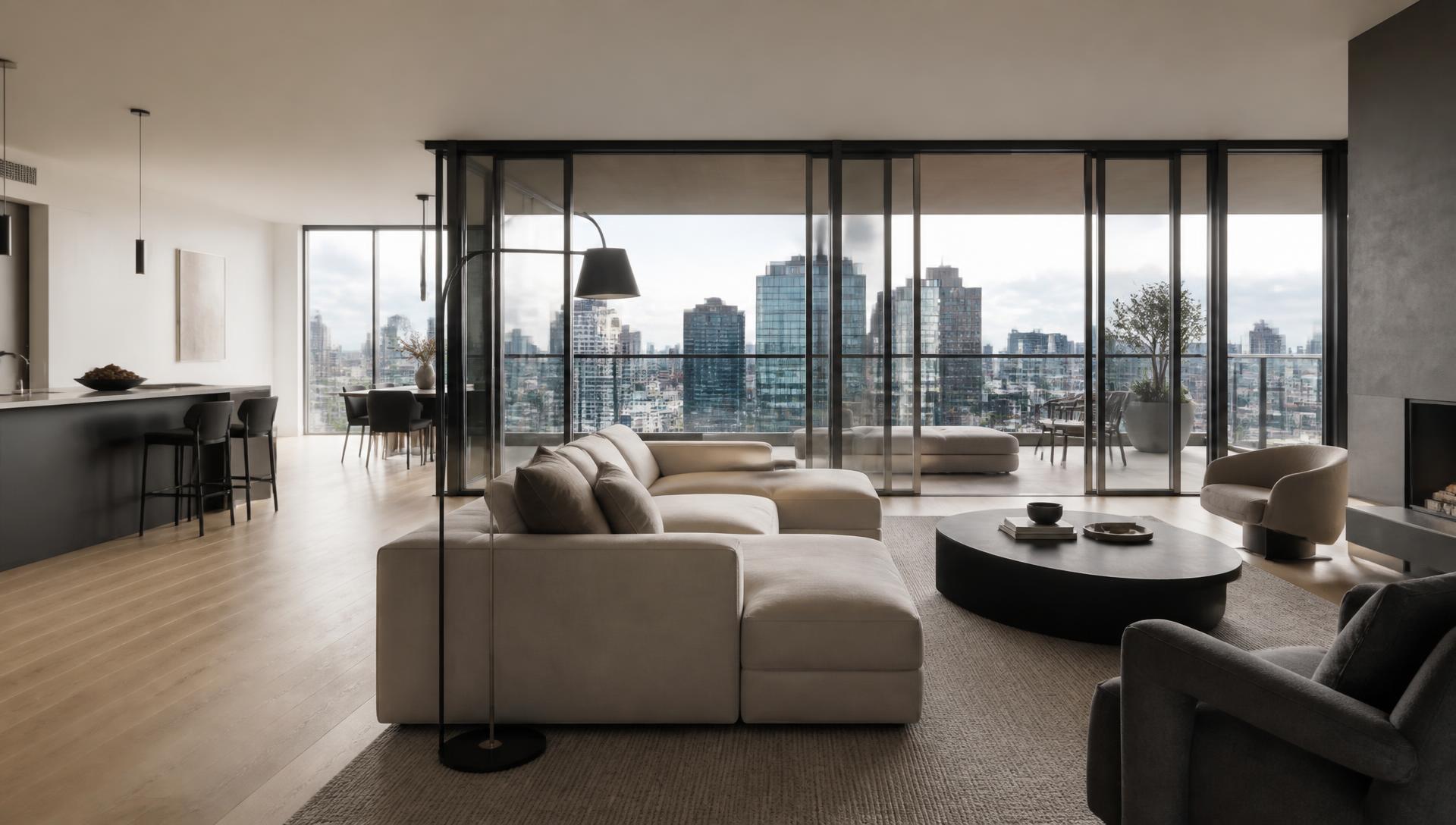 Open-plan apartment living area with floor to ceiling windows
