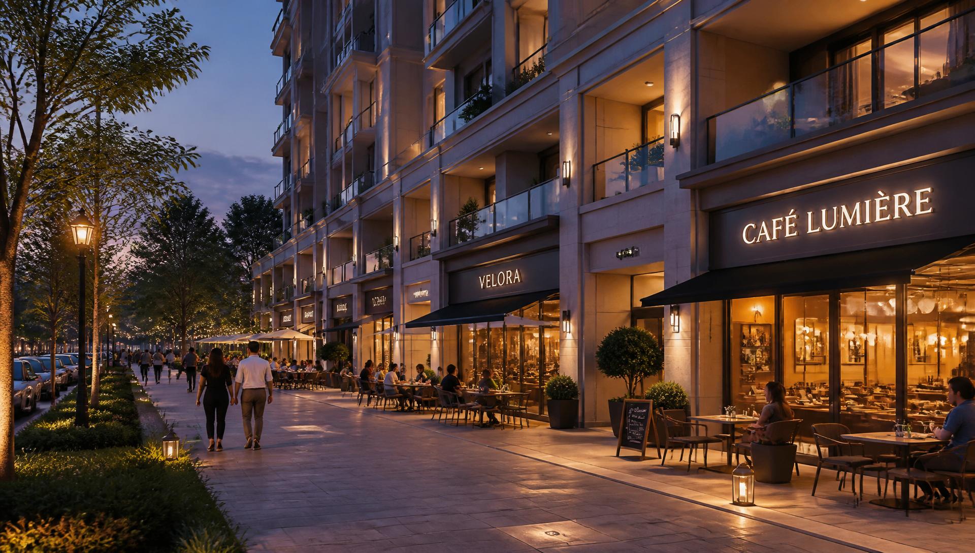 Street level retail boulevard with cafés at dusk